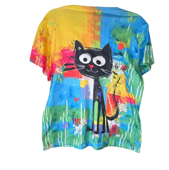 Vibrant Multi-Color Abstract Paint Splash Cat Graphic Tee - Women's XL Bold Fun - Picture 2 of 5